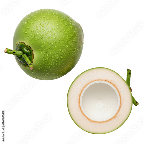 Top view a whole young green coconut and a perfectly cut half of a young green coconut, white background isolated