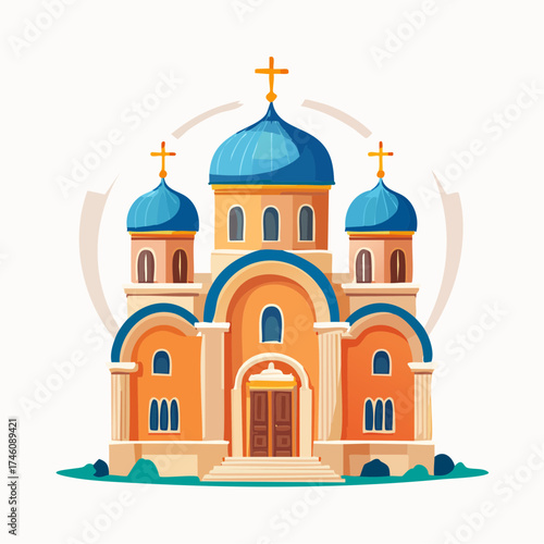 Cartoon Orthodox Church with Blue Domes and Golden Crosses Illustration 1.