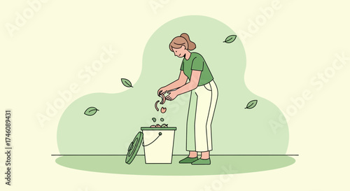 Illustration of a woman composting food waste in a green environmental themed scene