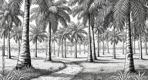 An illustration of a palm tree plantation, with many trees in rows and coconuts scattered on the ground.