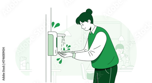 Illustration of a person sanitizing hands using a hand sanitizer dispenser
