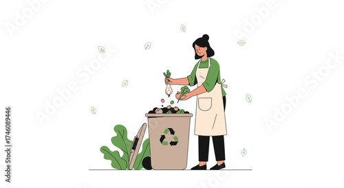 Illustration of a woman composting with a recycling bin and green leaves background