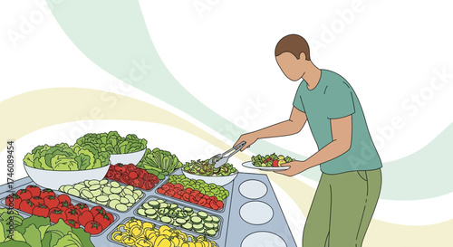 Illustration of a person selecting food from a fresh salad buffet for a meal