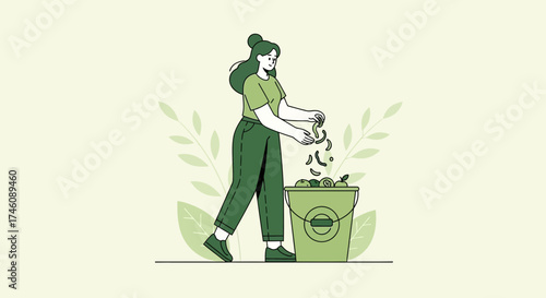 Illustration of a woman composting organic waste into a bucket with green color scheme