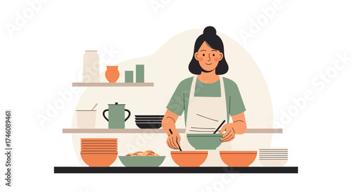 Illustration of a woman cooking in the kitchen preparing food and various bowls