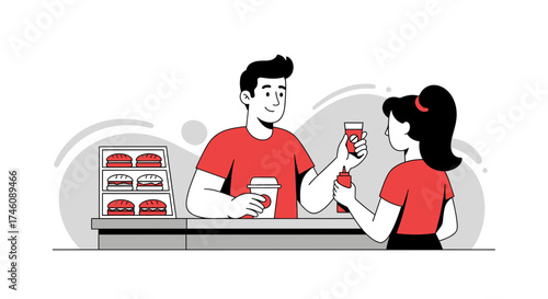 Illustration of a person serving fast food in a restaurant, food and drink concept