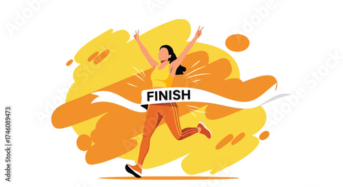 Illustration of a woman crossing the finish line winning a marathon race event