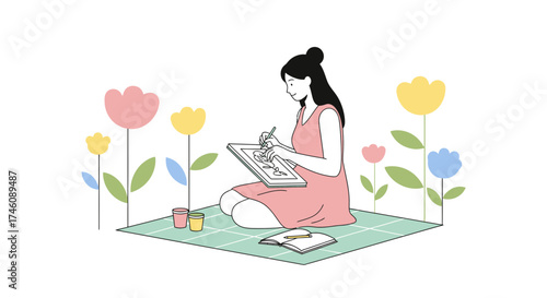 Illustration of a woman drawing, surrounded by flowers, in a peaceful garden setting