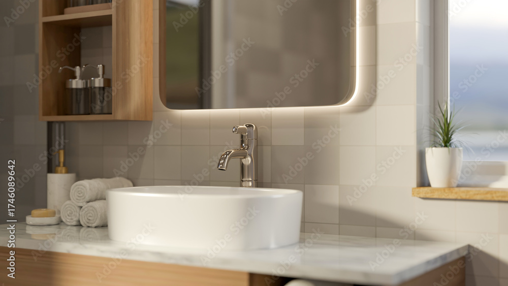 Fototapeta premium Mirror and wooden shelf on tiles wall over ceramic sink on marble counter with towels in bathroom.