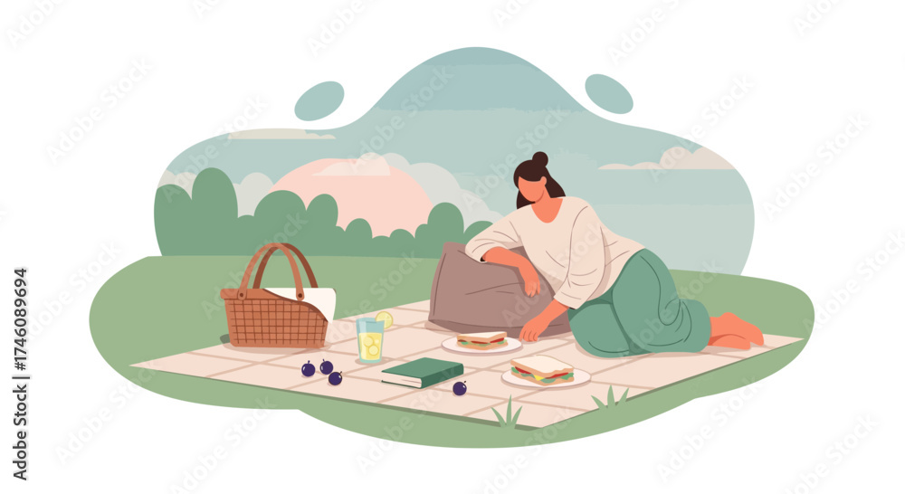 Fototapeta premium Illustration of a woman enjoying a picnic in nature during a sunny day