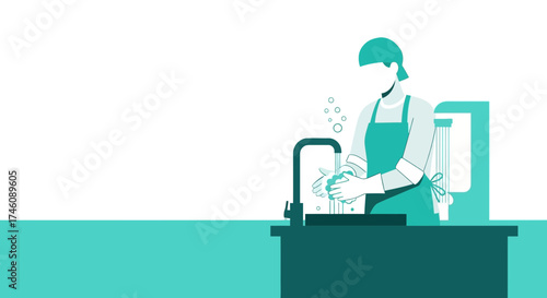 Illustration of a person washing hands under a faucet for hygiene and cleanliness