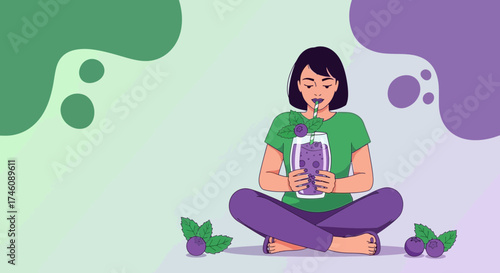 Illustration of a woman enjoying a blueberry smoothie in a colorful art style