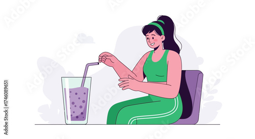 Illustration of a woman enjoying a healthy drink, fitness vibes and wellness