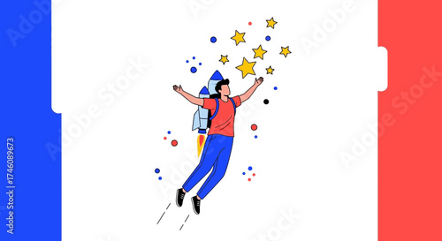 Illustration of a person with a jetpack reaching for stars with a colorful background