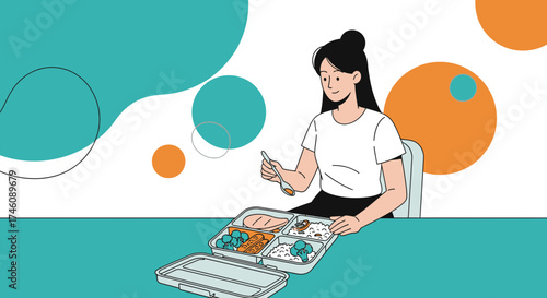 Illustration of a woman enjoying a meal from a lunchbox with healthy food