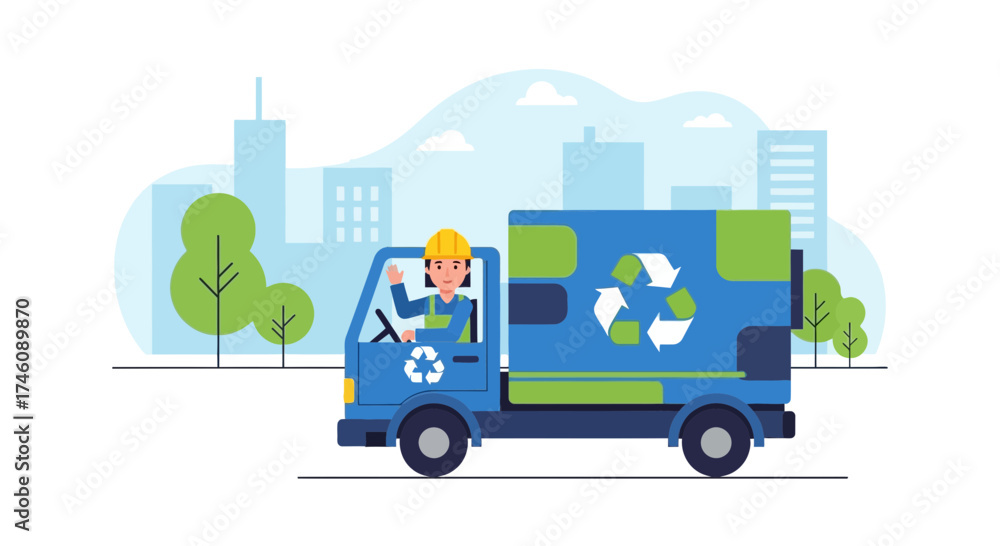 Fototapeta premium Illustration of a recycling truck with a worker in front of an urban environment