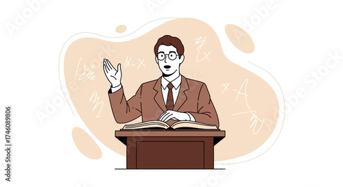Illustration of a professor giving a lecture with mathematical equations on a background
