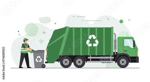 Illustration of a recycling truck with a worker collecting waste for environmental care