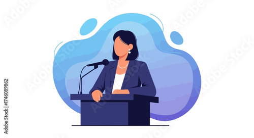 Illustration of a woman giving a speech at a podium with a microphone