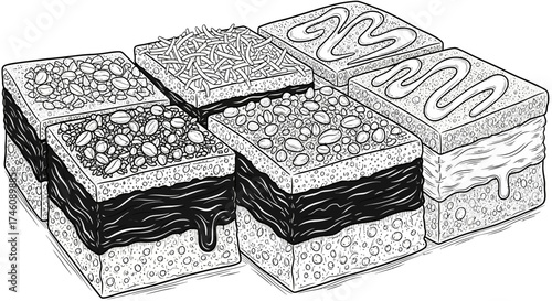 Six square cakes with different toppings and fillings, arranged in two rows, showcasing various dessert options.