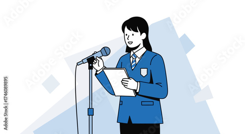 Illustration of a woman giving a speech with a microphone and paperwork in hand