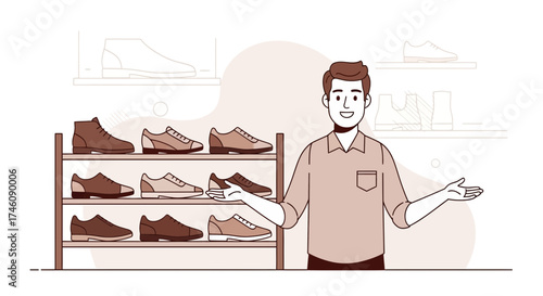 Illustration of a shoe salesman presenting shoes to customers in a shop