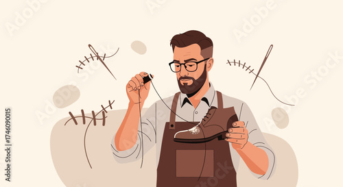 Illustration of a shoemaker repairing a shoe with needle and thread in an artisan workshop