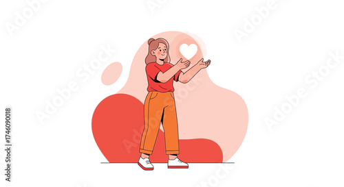 Illustration of a woman holding a heart symbol representing love and caring in a unique design