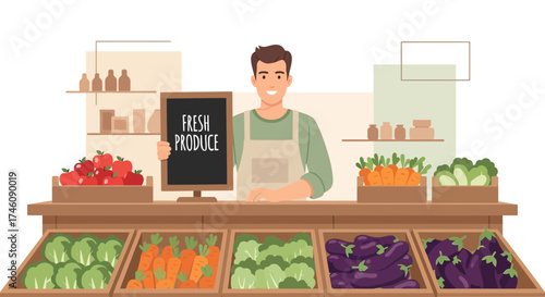 Illustration of a shopkeeper in a fresh produce shop with various vegetables and fruits display