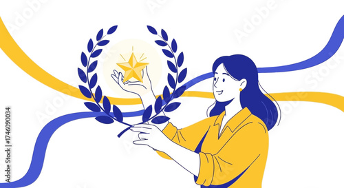 Illustration of a Woman Holding a Star, Signifying Success, Achievement, and Recognition