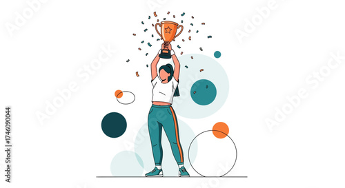 Illustration of a Woman Holding a Trophy Celebrating Victory and Success