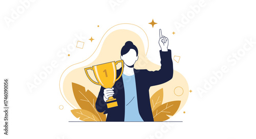 Illustration of a woman holding a trophy, showing number one, and celebrating success