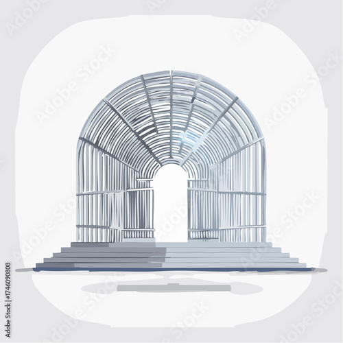Architectural Steel Structure with Arched Roof and Staircase Illustration.