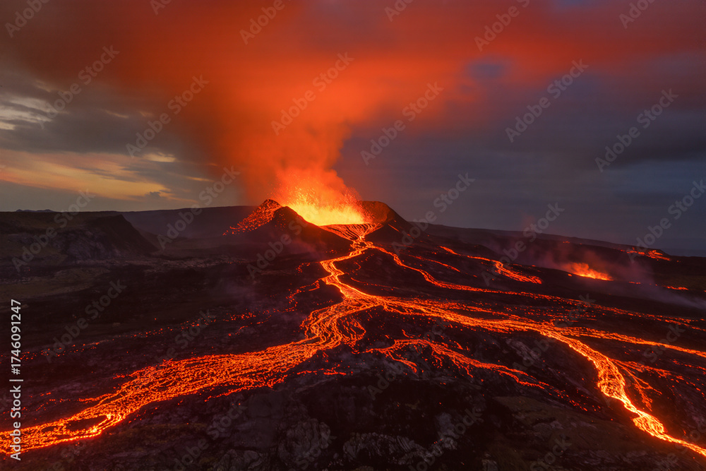 Fototapeta premium 8K ultra-realistic wide photo of volcano erupting with lava flow, sharp molten textures, dramatic fiery sky