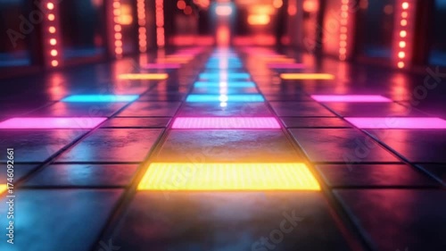 Futuristic Neon Light Corridor with Glowing Floor Tiles Animation.