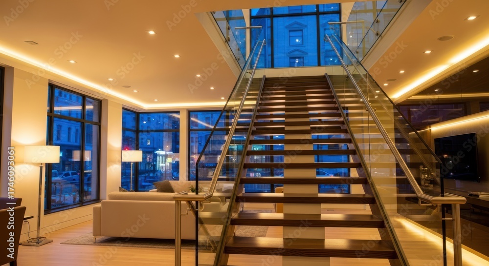Fototapeta premium Modern Urban Interior with Luminous Glass and Wood Staircase, Reflecting City Lights and Contemporary Design