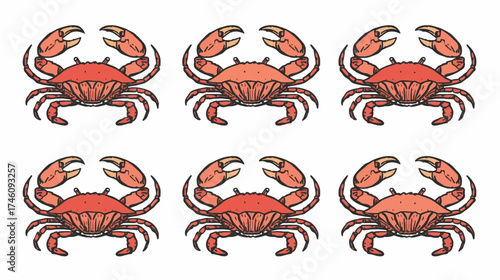 Six orange crabs arranged in a two by three grid, perfect for marine life articles or beachthemed designs on products.