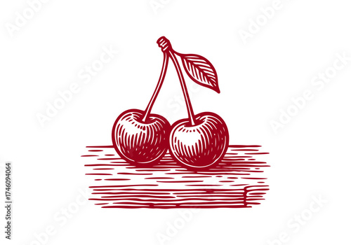Cherry hand drawn simple engraved vector illustration