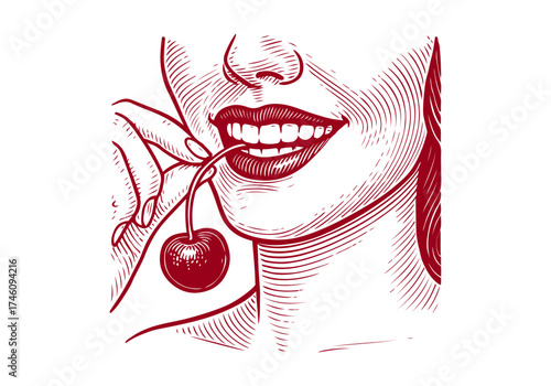 Cherry hand drawn simple engraved vector illustration