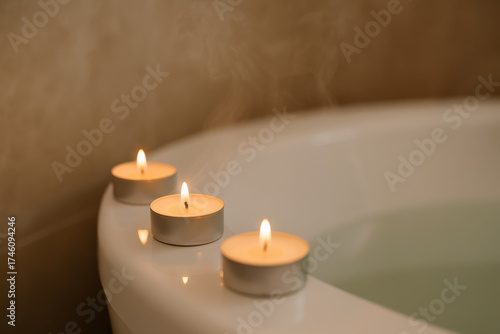 Wallpaper Mural Peaceful bathroom relaxation with burning tea light candles along bathtub edge, tranquil atmosphere for self care Torontodigital.ca