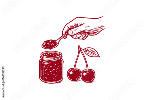 Cherry hand drawn simple engraved vector illustration