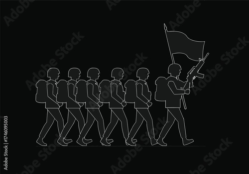 Militant leader marching with flag, group of followers in line, unity, conformity, political symbolism, monochrome vector illustration, minimal outline style, activism