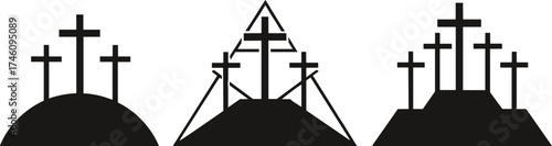 Three crosses on hill vector illustration, Christian crucifixion symbol, Calvary scene silhouette design representing faith, Easter resurrection, and religious spirituality concept
