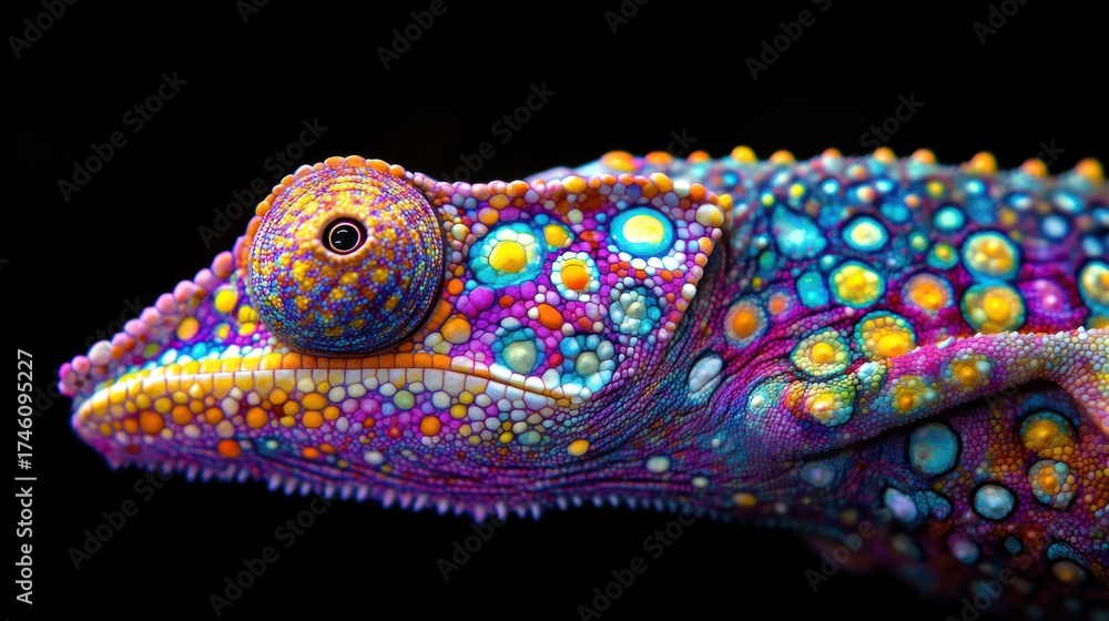 Obraz premium Vibrant chameleon portrait, studio, black background, wildlife