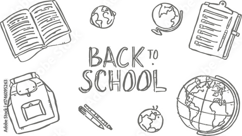 Back to school supplies like books, globes, backpacks, and lists. Suitable for educational design projects and schoolrelated promotions.