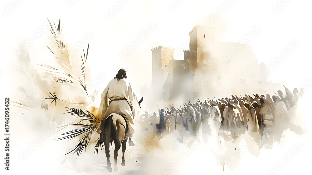 Fototapeta premium Hand-painted watercolor art of Jesus riding a donkey into Jerusalem, symbol of peace, humility, and triumph, inspired by the Gospel story of Palm Sunday.