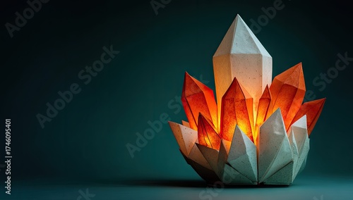 Illuminated paper crystal structure against teal background