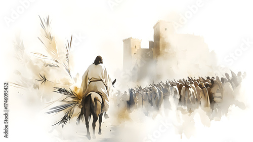 Hand-painted watercolor art of Jesus riding a donkey into Jerusalem, symbol of peace, humility, and triumph, inspired by the Gospel story of Palm Sunday.