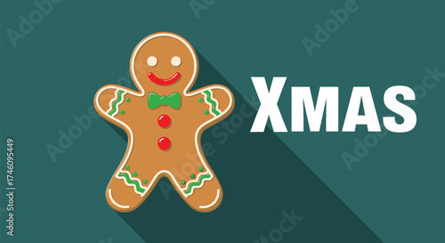 Gingerbread man with xmas text on teal background, a festive treat for the holidays and winter season