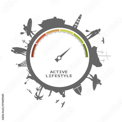 Circle with tropical recreation relative silhouettes. Objects located around the circle. Human posing with surfboard, cruise ship, palm and lifeguard tower. Active lifestyle meter scale.